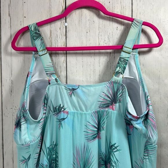 Fit 4 U Womens Plus Floral Print Mesh Splicing Blue Green One Piece Swimsuit - Picture 10 of 15